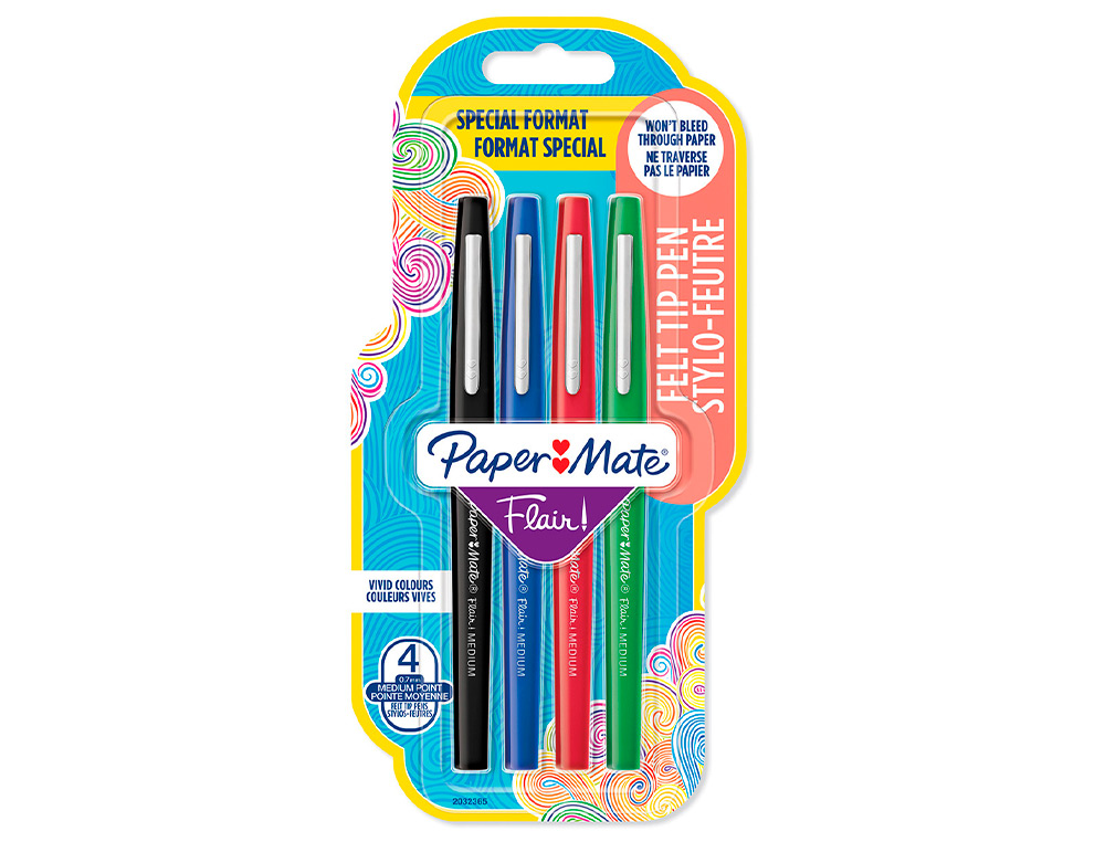 FEUTRE ECRITURE PAPER MATE FLAIR ORIGINAL  POINTE        MOYENNE 0,7MM ENCRES          ASSORTIES ESTANDAR BLISTER 4