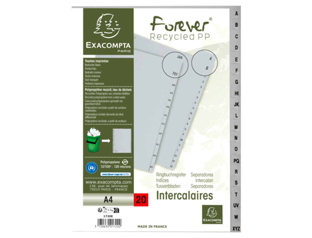 INTERCALAIRES IMPRIMES ALPHABETIQUES EXACOMPTA       POLYPROPYLENE A4 20POSITIONES A-Z GRIS