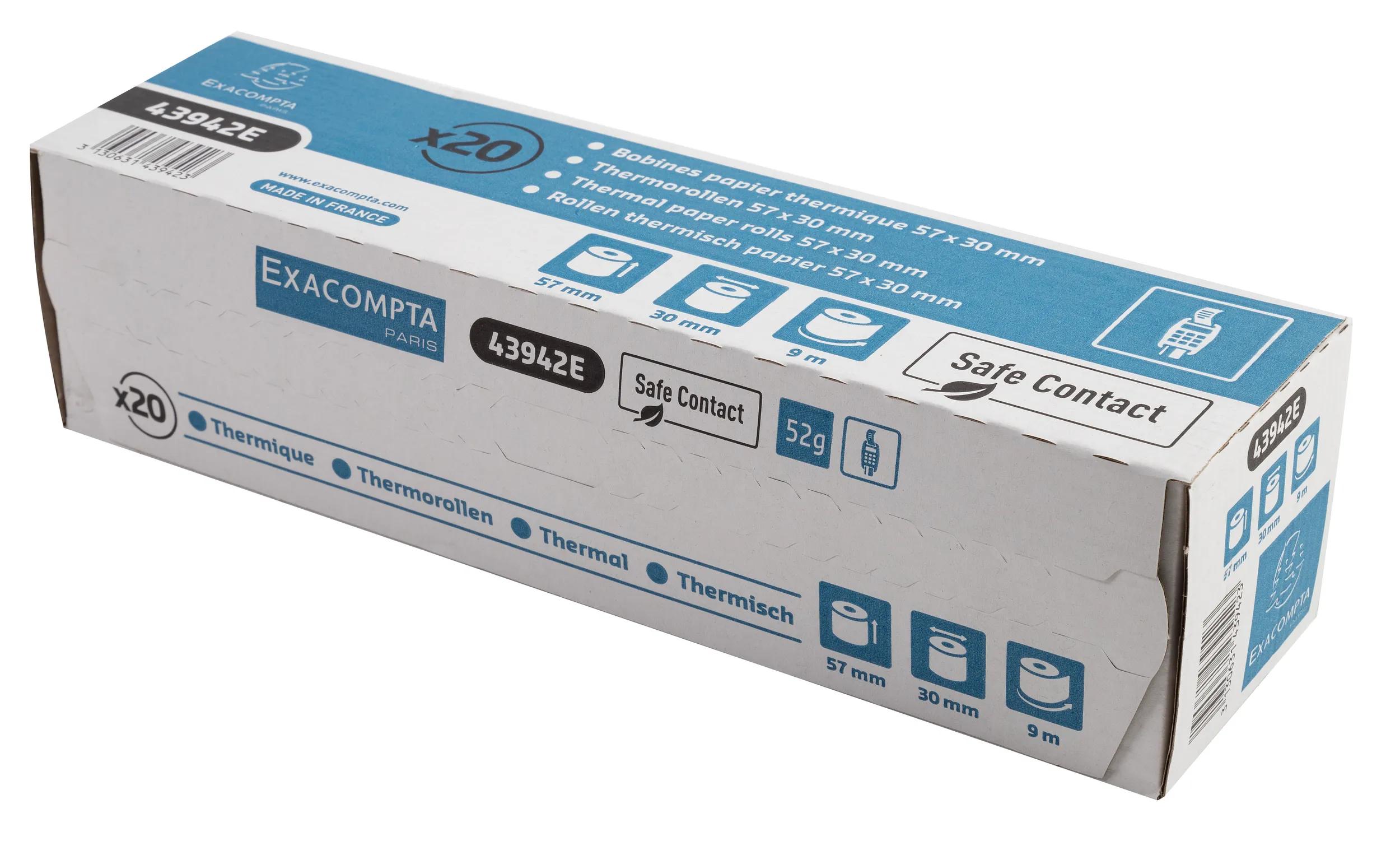 BOBINE THERMIQUE EXACOMPTA EXABLUE TPE 57X30MM 55G LONG. 9M IMPRESSION VERSO TRES LONGUE CONSERVATION BOITE 20 UNITES