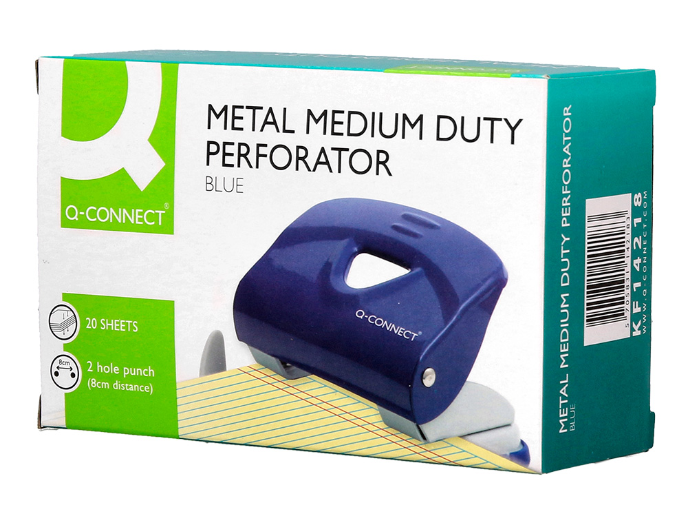 PERFORATEUR Q-CONNECT KF14218 2 TROUS OUVERTURE 2MM         CAPACITE 20 FEUILLES COLORIS  BLEU