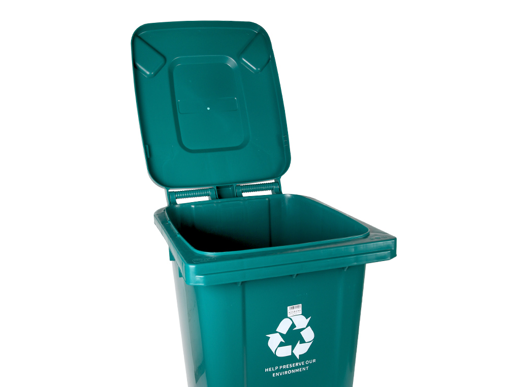 POUBELLE CONTENEUR Q-CONNECT PLASTIQUE AVEC COUVERCLE ET   ROUES CAPACITE 240L           1040X620X610 MM COLORIS VERT