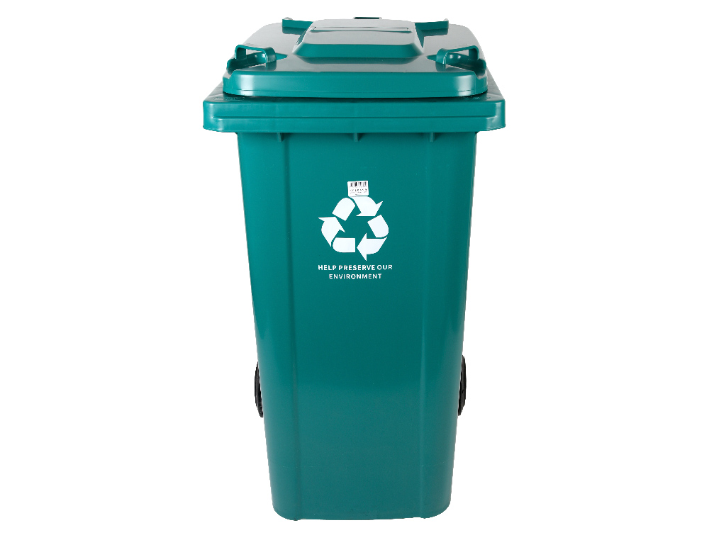 POUBELLE CONTENEUR Q-CONNECT PLASTIQUE AVEC COUVERCLE ET   ROUES CAPACITE 240L           1040X620X610 MM COLORIS VERT