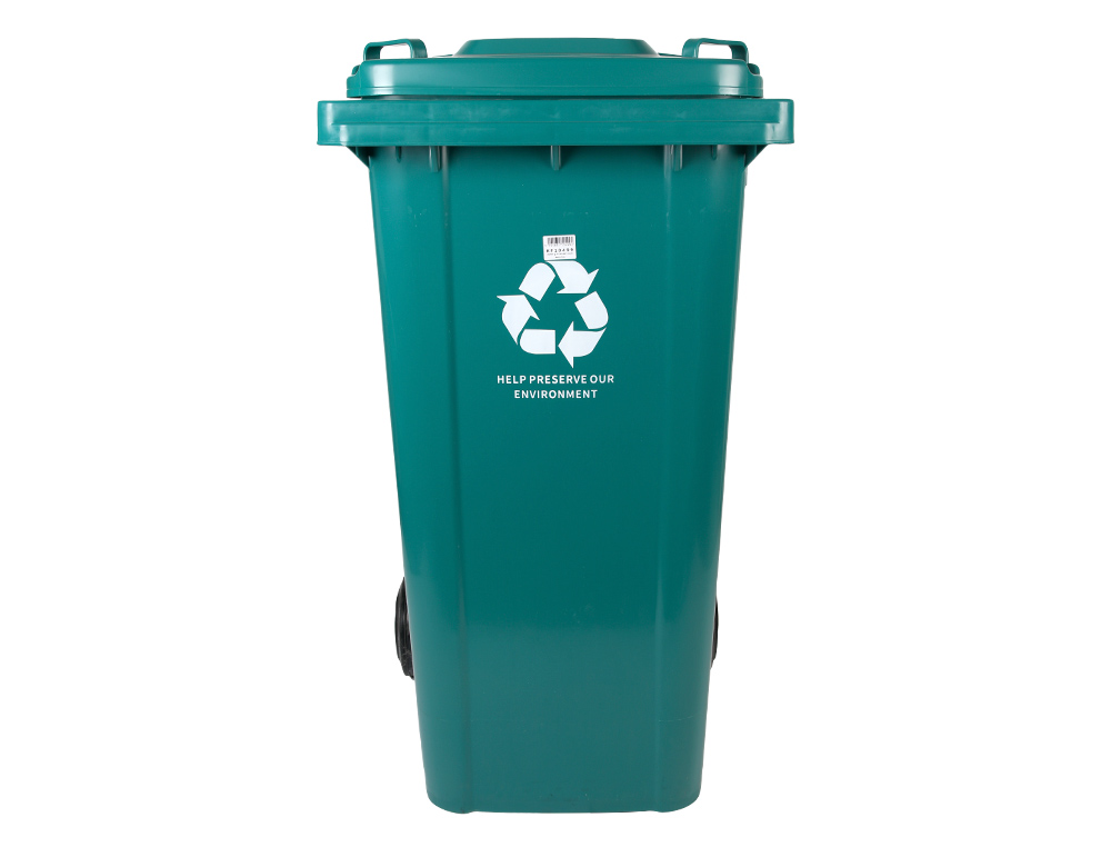 POUBELLE CONTENEUR Q-CONNECT PLASTIQUE AVEC COUVERCLE ET   ROUES CAPACITE 240L           1040X620X610 MM COLORIS VERT