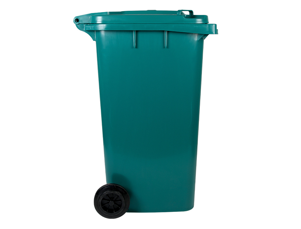 POUBELLE CONTENEUR Q-CONNECT PLASTIQUE AVEC COUVERCLE ET   ROUES CAPACITE 240L           1040X620X610 MM COLORIS VERT