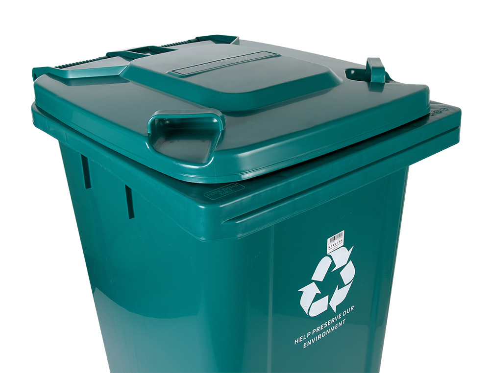 POUBELLE CONTENEUR Q-CONNECT PLASTIQUE AVEC COUVERCLE ET   ROUES CAPACITE 240L           1040X620X610 MM COLORIS VERT