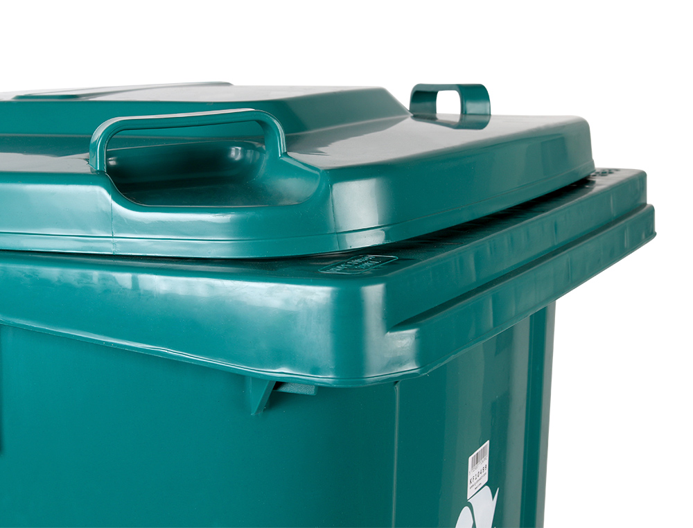 POUBELLE CONTENEUR Q-CONNECT PLASTIQUE AVEC COUVERCLE ET   ROUES CAPACITE 240L           1040X620X610 MM COLORIS VERT