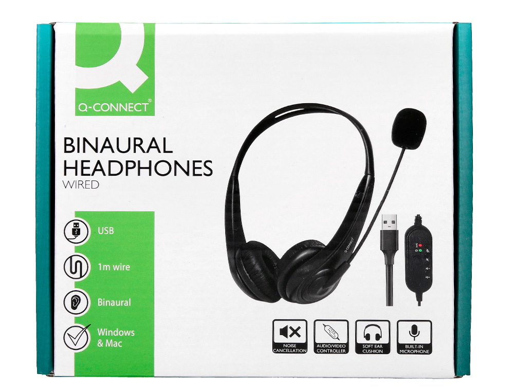 CASQUE Q-CONNECT BIAURAL FILAIRE AVEC MICROPHONE ET    CONTROLE DU VOLUME CONNEXION  USB CABLE 2M COLORIS NOIR