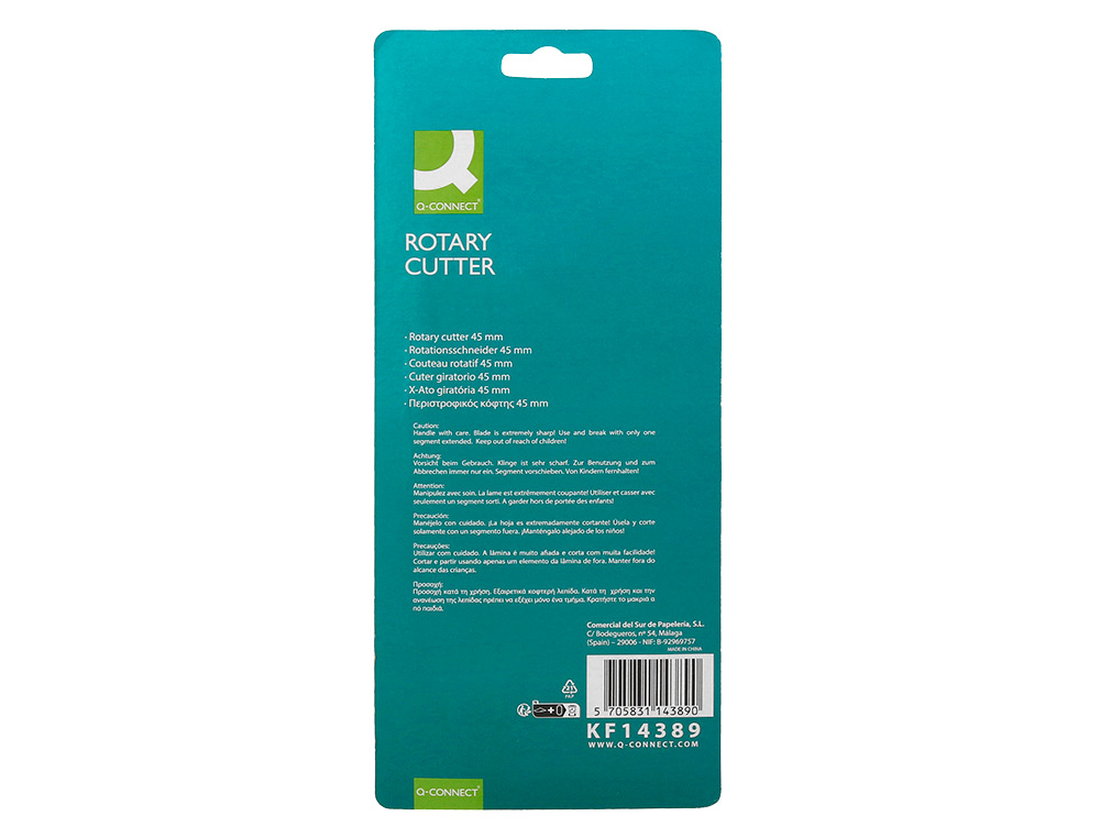 CUTTER ROTATIF Q-CONNECT LAME CIRCULAIRE 45MM 22X56X165MM