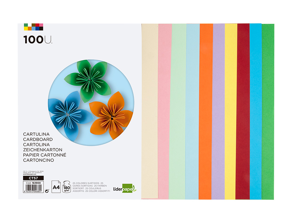 PAPIER CARTONNE LIDERPAPEL A4 180GR COLORIS ASSORTIS PAQUET 100 FEUILLES