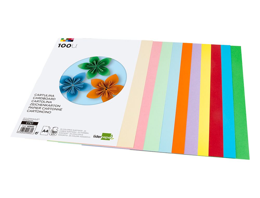 PAPIER CARTONNE LIDERPAPEL A4 180GR COLORIS ASSORTIS PAQUET 100 FEUILLES