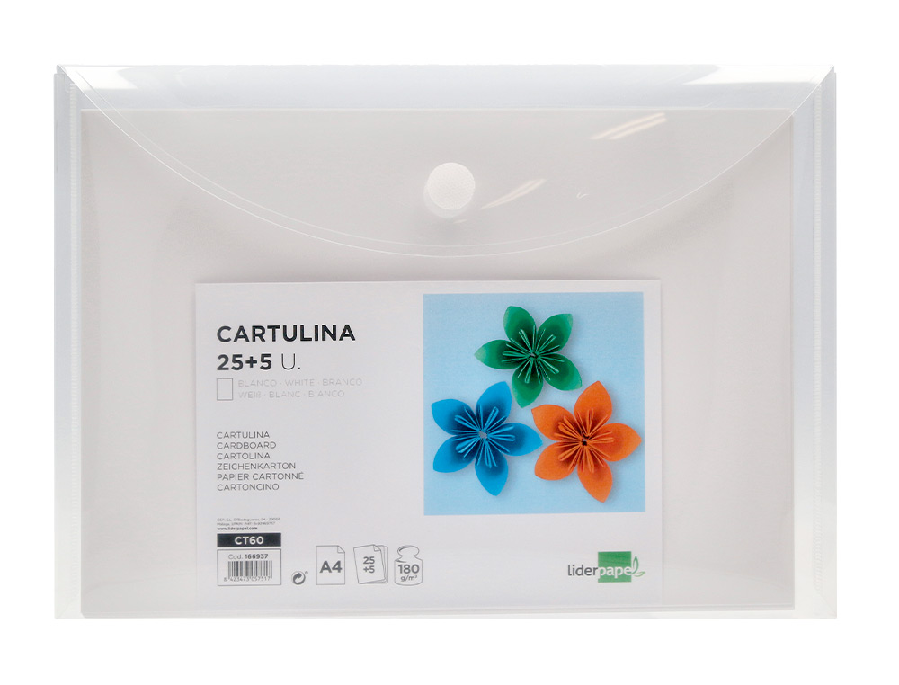 PAPIER CARTONNE LIDERPAPEL A4 180GR COLORIS BLANC PAQUET    25+5 FEUILLES