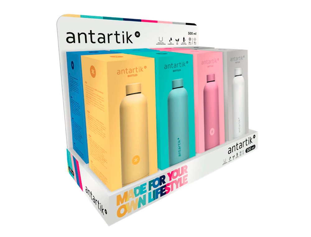 PRESENTOIR ANTARTIK BOUTEILLE ISOTHERME ACIER INOXYDABLE    SANS BPA 750ML COLORIS        ASSORTIS 8 UNITES