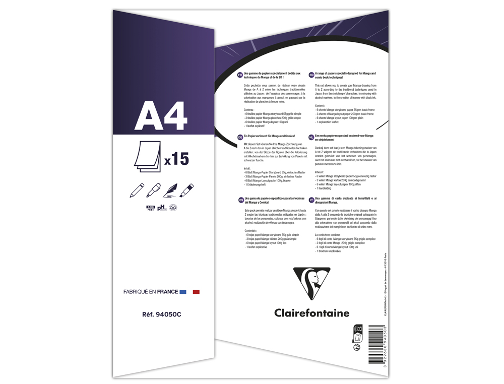 POCHETTE CLAIREFONTAINE MANGAKA ESSENTIAL PAPER A4 15 FEUILLES ASSORTI 55G/100G/200G + BROCHURE