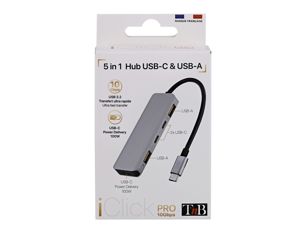 HUB T'NB ICLICK 5 EN 1 2 USB-C 2 USB-A 1 USB-C POWER DELIVERY 100W COLORIS ALUMINIUM