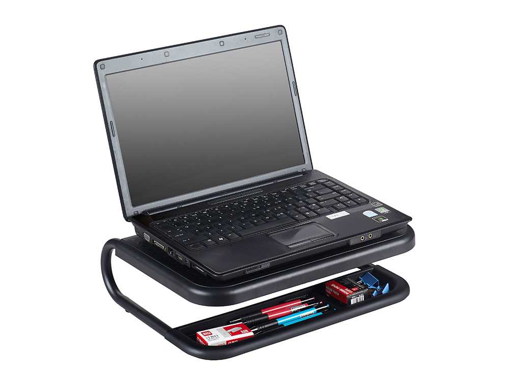 SUPPORT Q-CONNECT POUR ORDINATEUR PORTABLE ET        MONITEUR PC AVEC PLATEAU      D'ORGANISATION 380X295X110MM