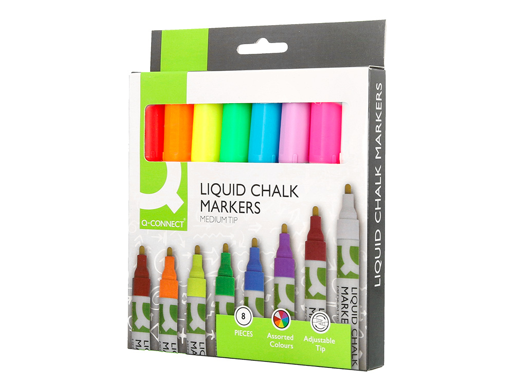 MARQUEUR Q-CONNECT CRAIE LIQUIDE POINTE RONDE TRACE 3MM COLORIS ASSORTIS BOITE 8 UNITES