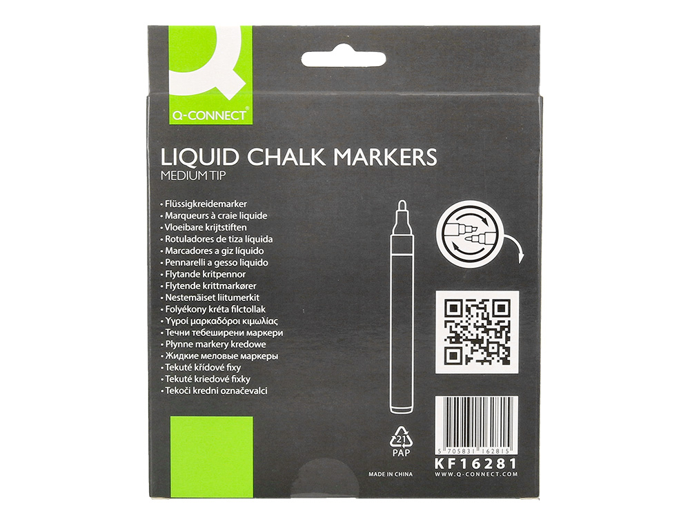 MARQUEUR Q-CONNECT CRAIE LIQUIDE POINTE RONDE TRACE 3MM COLORIS ASSORTIS BOITE 8 UNITES
