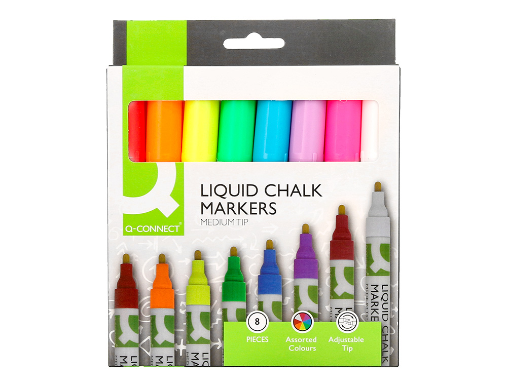 MARQUEUR Q-CONNECT CRAIE LIQUIDE POINTE RONDE TRACE 3MM COLORIS ASSORTIS BOITE 8 UNITES