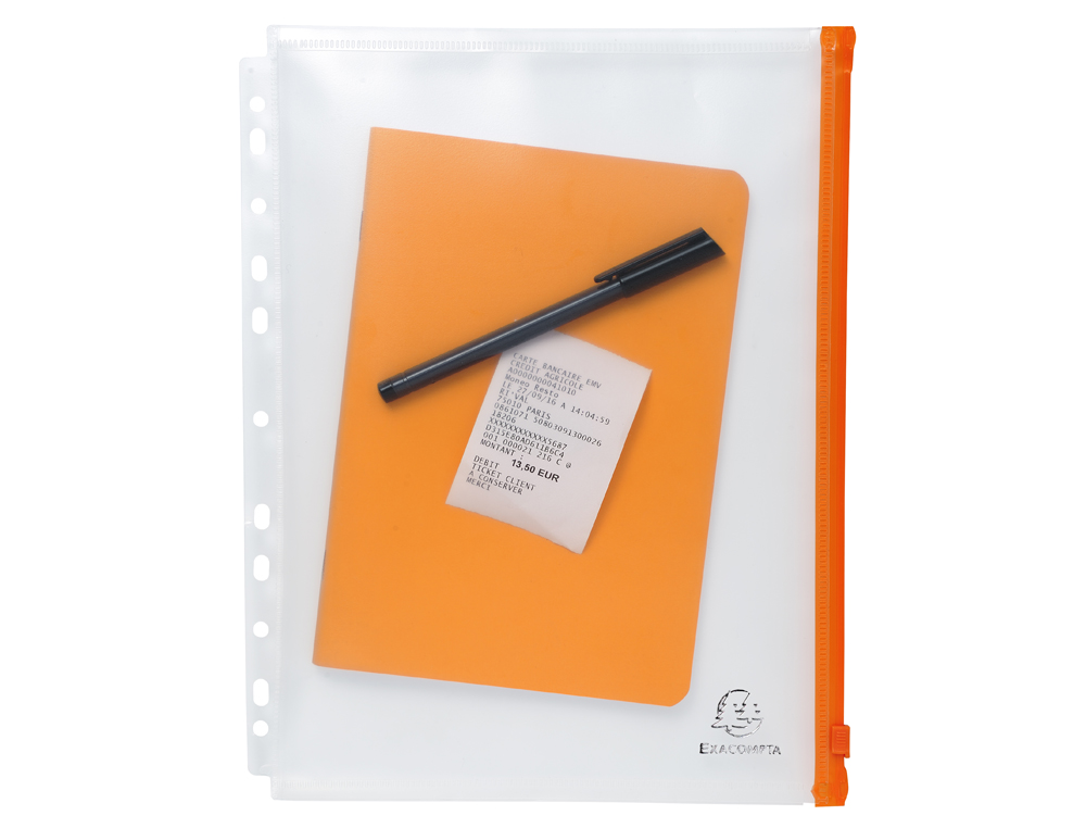 POCHETTE ZIP PERFOREE EXACOMPTA EXACTIVE A4 PP      FERMETURE COLORIS ORANGE      PAQUET 5 UNITES