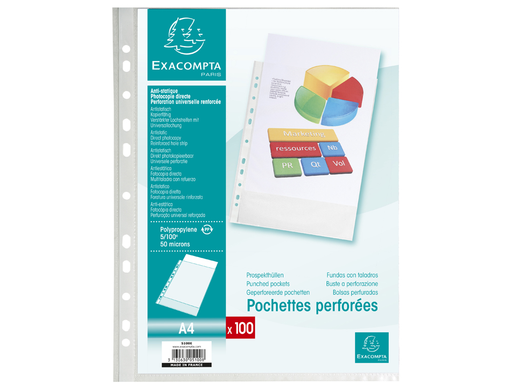 POCHETTE PERFOREE EXACOMPTA A4 PP GRAINE 5/100EME PAQUET  100 UNITES