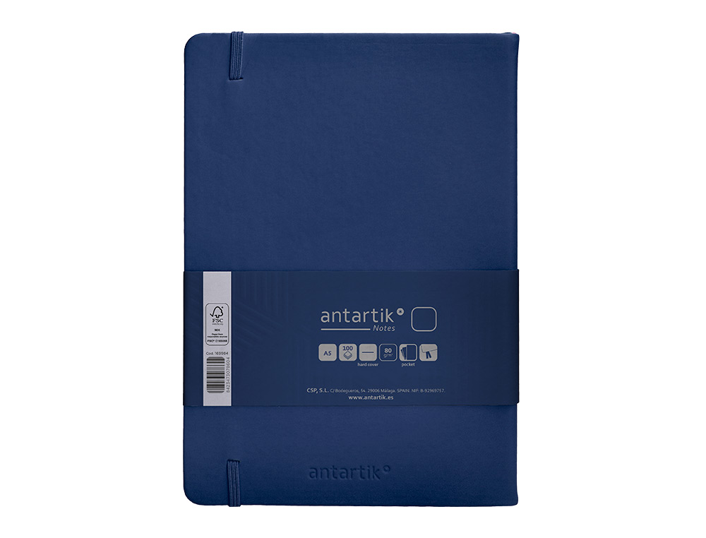 CARNET FERMETURE ELASTIQUE ANTARTIK NOTES COUVERTURE RIGIDE A5 PAPIER UNI IVOIRE 100 FEUILLES 80GR FSC BLEU MARINE