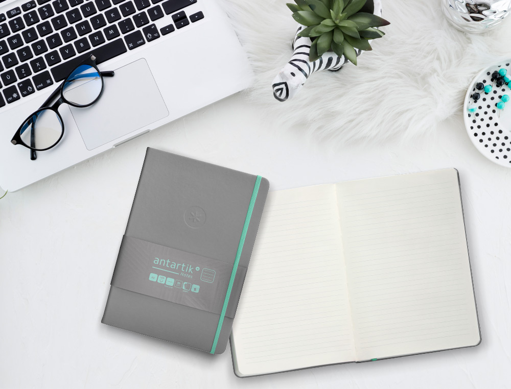 CARNET FERMETURE ELASTIQUE TURQUOISE ANTARTIK NOTES      COUVERTURE RIGIDE A5 LIGNE 100FEUILLES 80GR FSC COLORIS GRIS