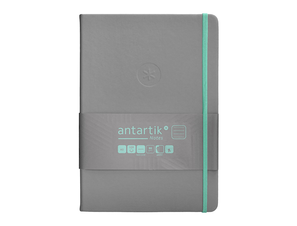 CARNET FERMETURE ELASTIQUE TURQUOISE ANTARTIK NOTES      COUVERTURE RIGIDE A5 LIGNE 100FEUILLES 80GR FSC COLORIS GRIS
