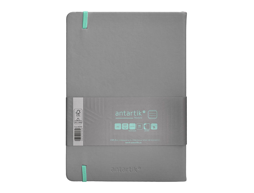 CARNET FERMETURE ELASTIQUE TURQUOISE ANTARTIK NOTES      COUVERTURE RIGIDE A5 LIGNE 100FEUILLES 80GR FSC COLORIS GRIS
