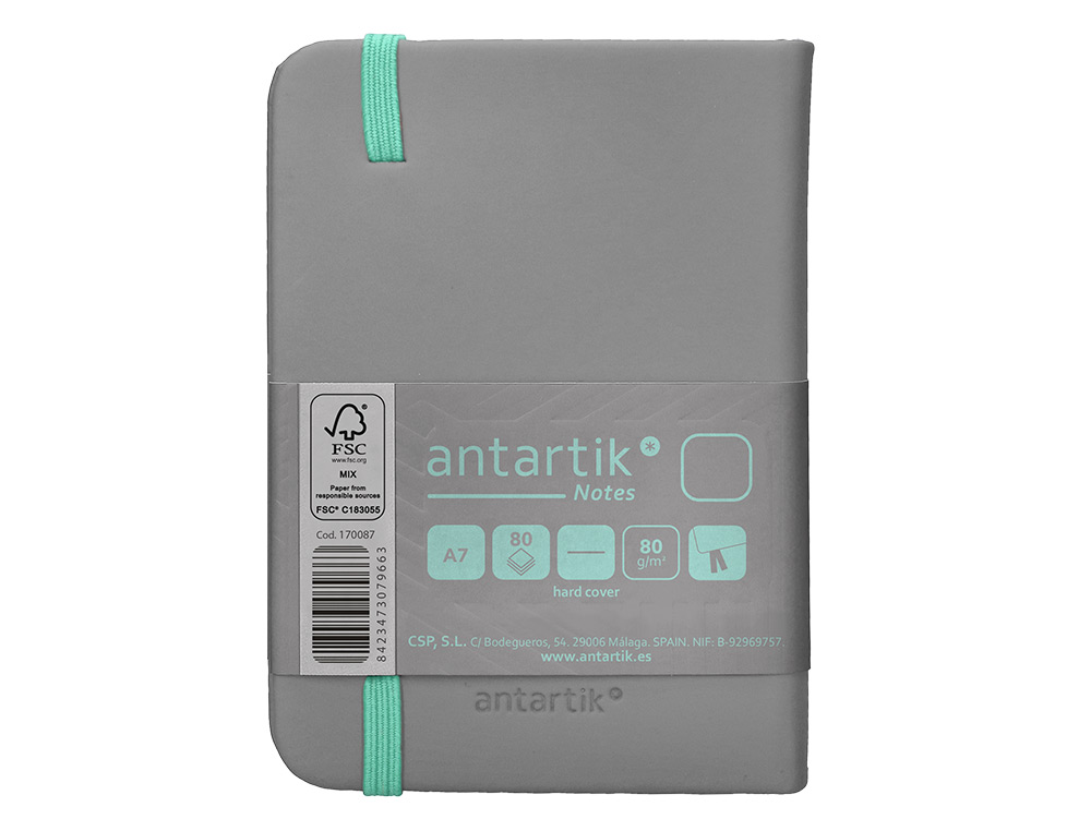 CARNET FERMETURE ELASTIQUE TURQUOISE ANTARTIK NOTES COUVERTURE RIGIDE A7 PAPIER UNI IVOIRE 80 FEUILLES 80GR FSC GRIS