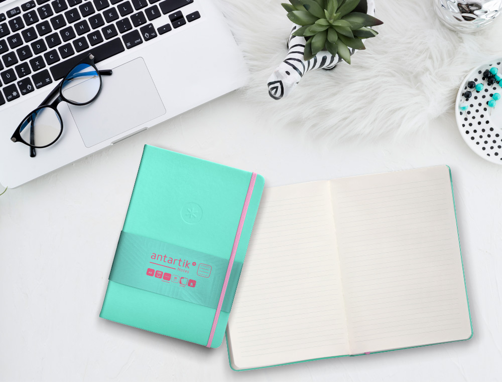 CARNET FERMETURE ELASTIQUE ROSE ANTARTIK NOTES COUVERTURERIGIDE A5 LIGNE 100 FEUILLES  80GR FSC COLORIS TURQUOISE