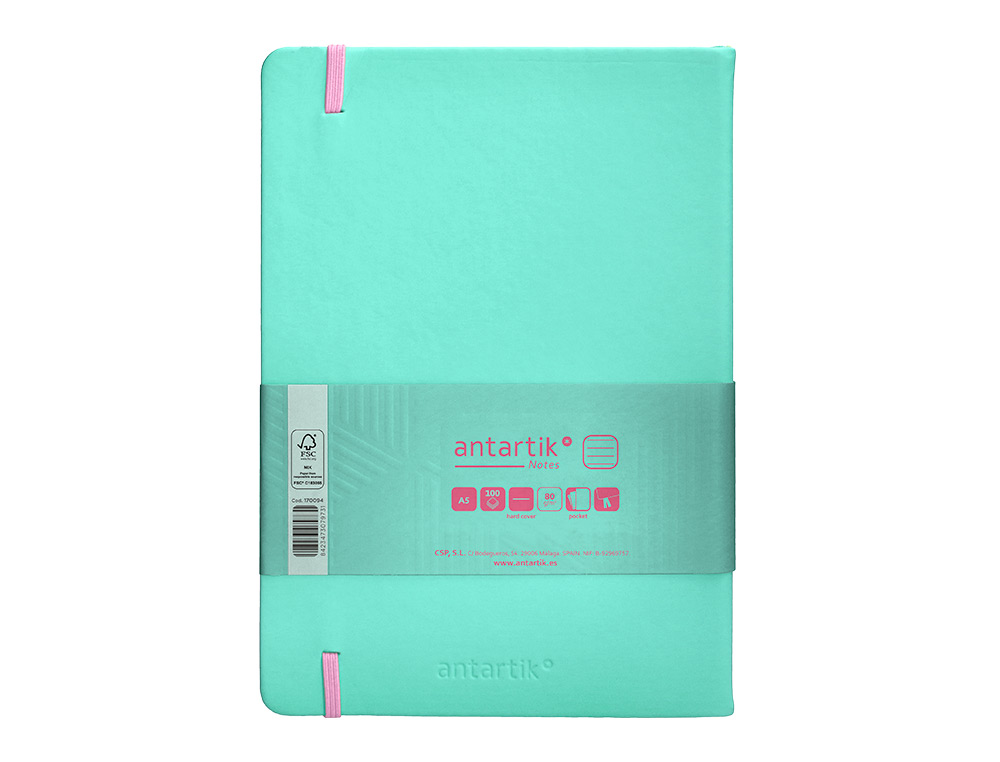 CARNET FERMETURE ELASTIQUE ROSE ANTARTIK NOTES COUVERTURERIGIDE A5 LIGNE 100 FEUILLES  80GR FSC COLORIS TURQUOISE