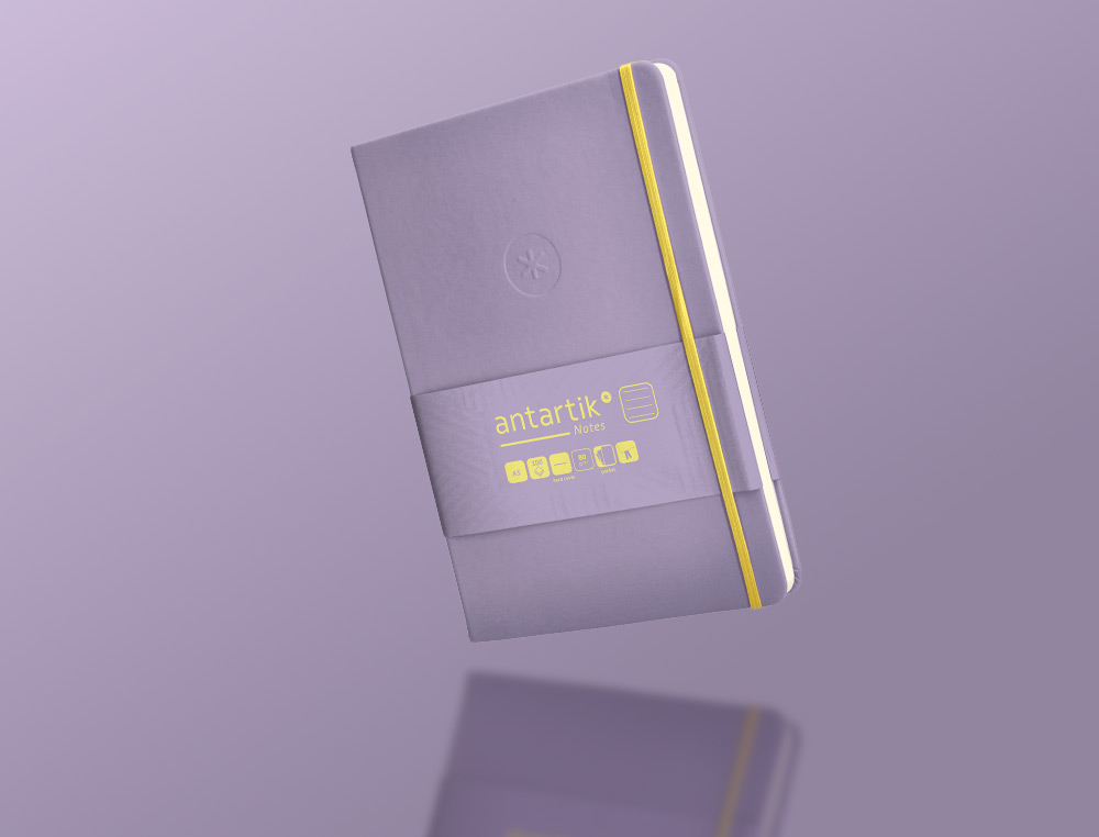 CARNET FERMETURE ELASTIQUE JAUNE ANTARTIK NOTES COUVERTURE RIGIDE A5 LIGNE 100 FEUILLES 80GR FSC COLORIS LILAS