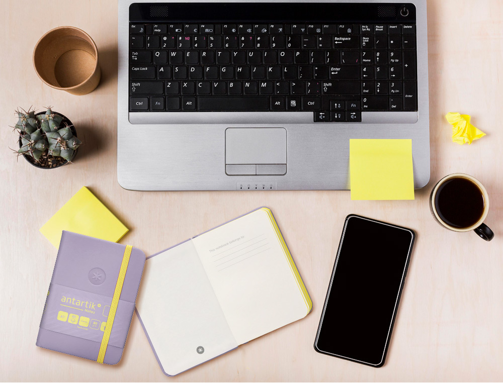 CARNET FERMETURE ELASTIQUE JAUNE ANTARTIK NOTES COUVERTURE RIGIDE A7 PAPIER UNI IVOIRE 80 FEUILLES 80GR FSC LILAS
