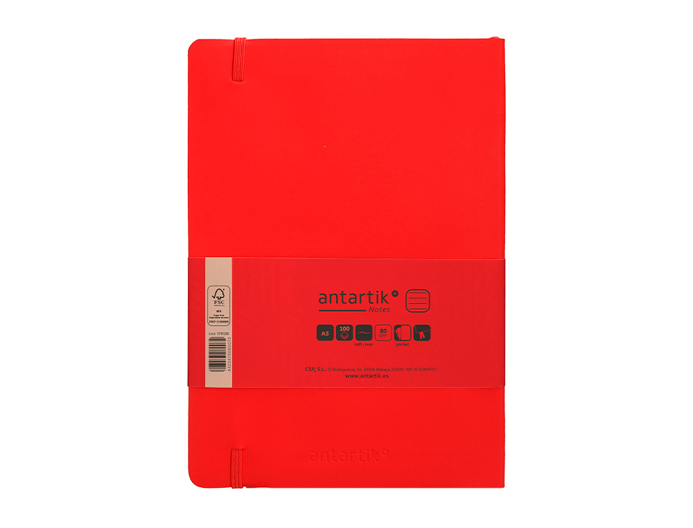 CARNET FERMETURE ELASTIQUE ANTARTIK NOTES COUVERTURE     SOUPLE A5 LIGNE 100 FEUILLES  80GR FSC COLORIS ROUGE