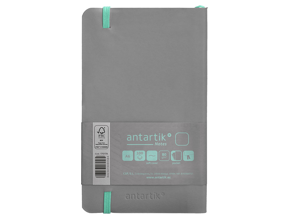 CARNET FERMETURE ELASTIQUE VERT MENTHE ANTARTIK NOTES COUVERTURE SOUPLE A6 PAPIER UNI IVOIRE 100 FEUILLES 80GR FSC GRIS