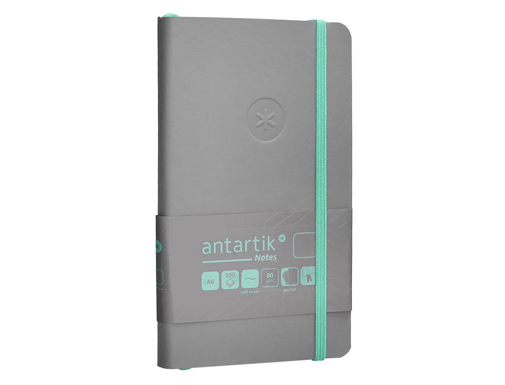 CARNET FERMETURE ELASTIQUE VERT MENTHE ANTARTIK NOTES COUVERTURE SOUPLE A6 PAPIER UNI IVOIRE 100 FEUILLES 80GR FSC GRIS