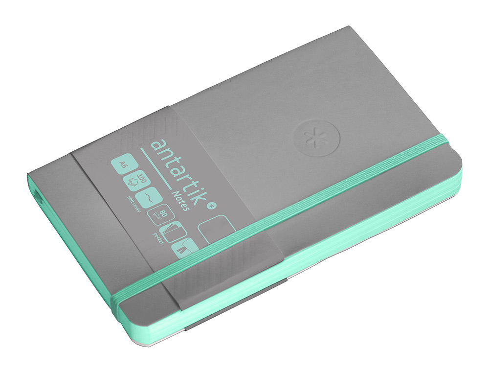 CARNET FERMETURE ELASTIQUE VERT MENTHE ANTARTIK NOTES COUVERTURE SOUPLE A6 PAPIER UNI IVOIRE 100 FEUILLES 80GR FSC GRIS