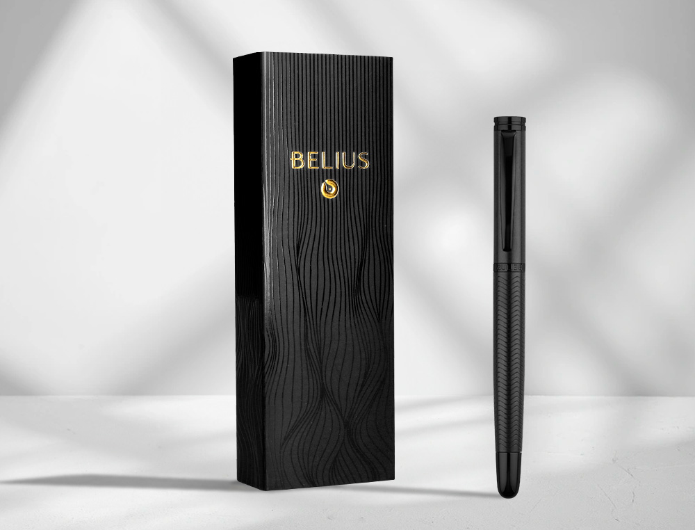 STYLO-PLUME BELIUS NEPTUNO CORPS ALUMINIUM TEXTURE WAVY  ENCRE BLEUE COLORIS BLEU      MARINE BOITE DESIGN