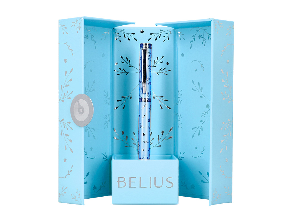 STYLO-PLUME BELIUS COLLECTION1 ALUMINIUM ENCRE   BLEUE COLORIS BLEU CIEL       DESIGN RELIEF ARGENTE BOITE
