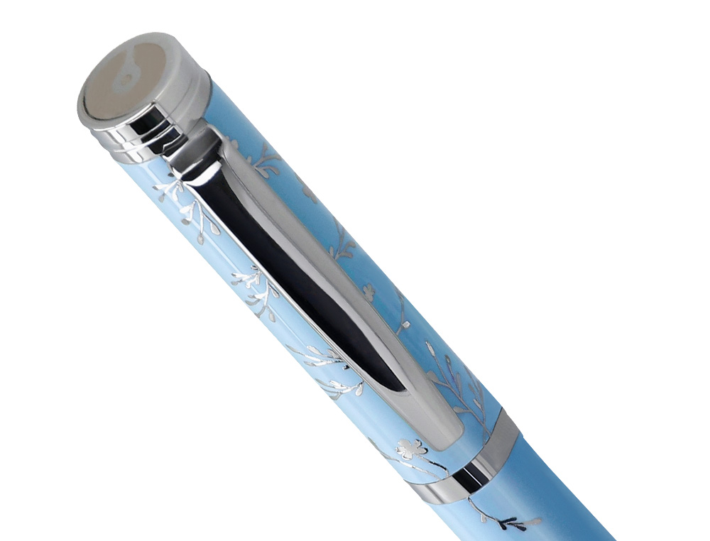 STYLO-PLUME BELIUS COLLECTION1 ALUMINIUM ENCRE   BLEUE COLORIS BLEU CIEL       DESIGN RELIEF ARGENTE BOITE