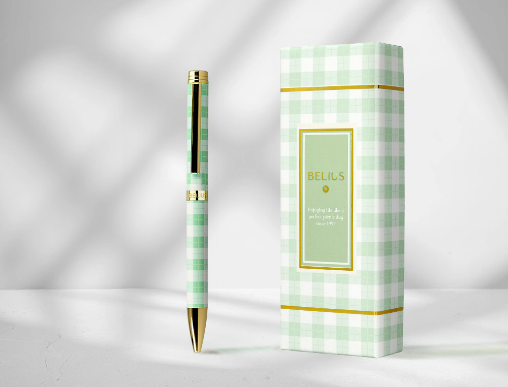 STYLO-BILLE BELIUS PICNIC ALUMINIUM ENCRE BLEUE COLORIS VERT DORE BOITE DESIGN