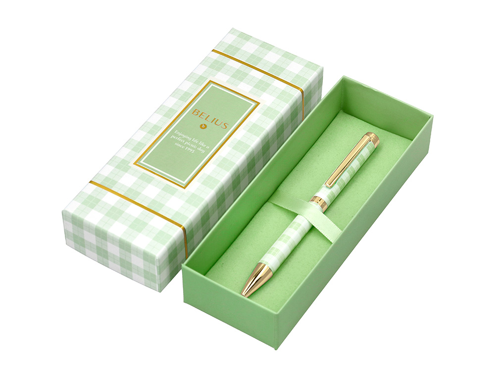 STYLO-BILLE BELIUS PICNIC ALUMINIUM ENCRE BLEUE COLORIS VERT DORE BOITE DESIGN