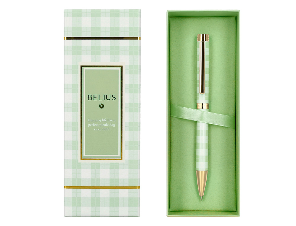 STYLO-BILLE BELIUS PICNIC ALUMINIUM ENCRE BLEUE COLORIS VERT DORE BOITE DESIGN