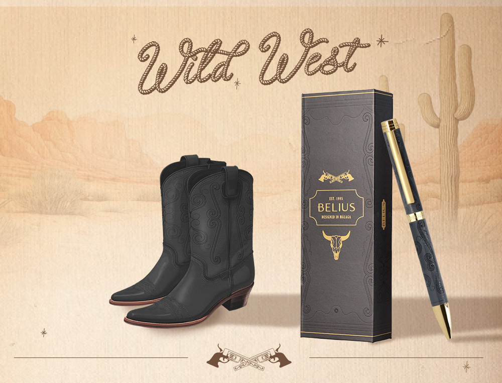 STYLO-BILLE BELIUS WILD WEST ALUMINIUM ENCRE BLEUE COLORIS NOIR DORE BOITE DESIGN