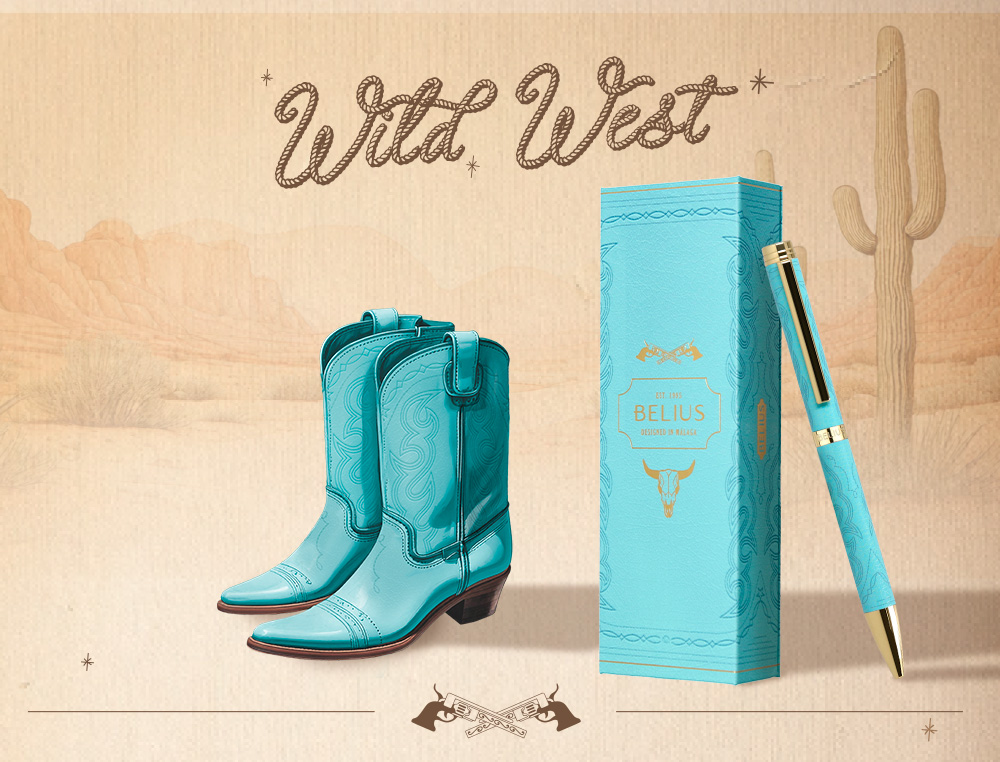 STYLO-BILLE BELIUS WILD WEST ALUMINIUM ENCRE BLEUE COLORIS BLEU TURQUOISE BOITE DESIGN