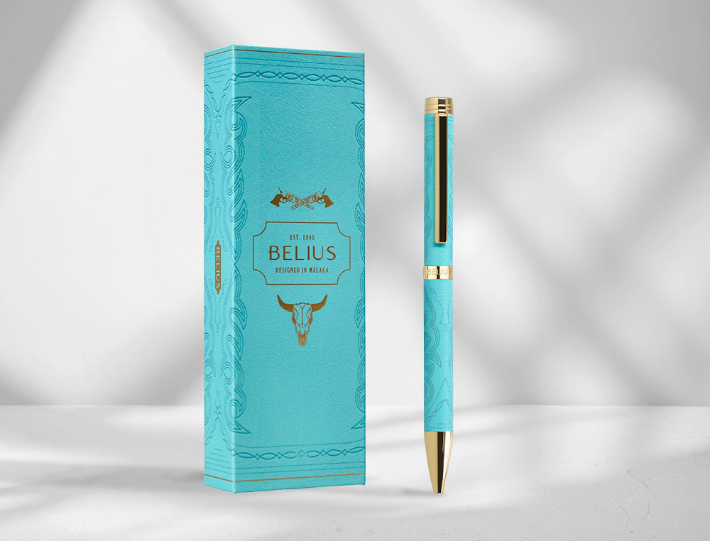 STYLO-BILLE BELIUS WILD WEST ALUMINIUM ENCRE BLEUE COLORIS BLEU TURQUOISE BOITE DESIGN
