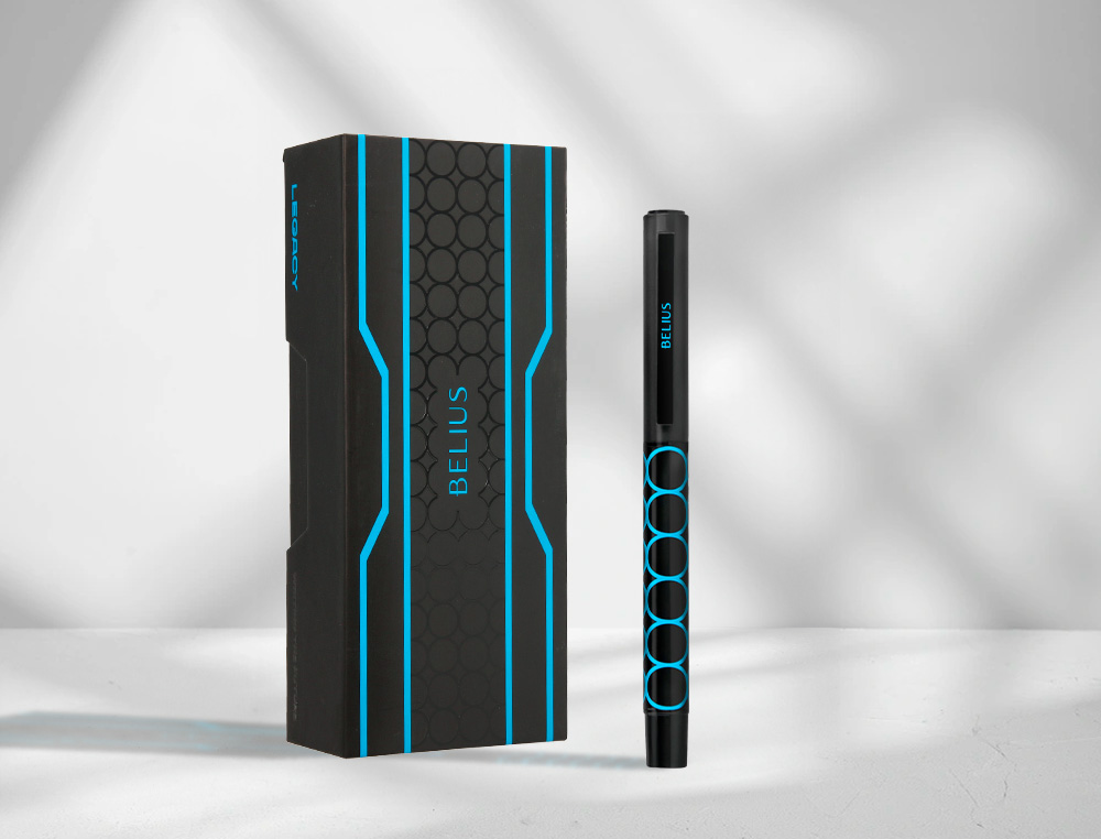 STYLO-BILLE BELIUS LEGACY ALUMINIUM ENCRE BLEUE DESIGN  CERCLES BLEUX CORPS NOIR      BOITE DESIGN