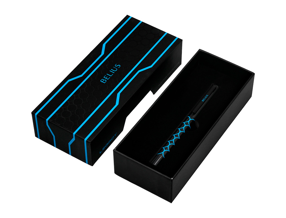 STYLO-BILLE BELIUS LEGACY ALUMINIUM ENCRE BLEUE DESIGN  CERCLES BLEUX CORPS NOIR      BOITE DESIGN