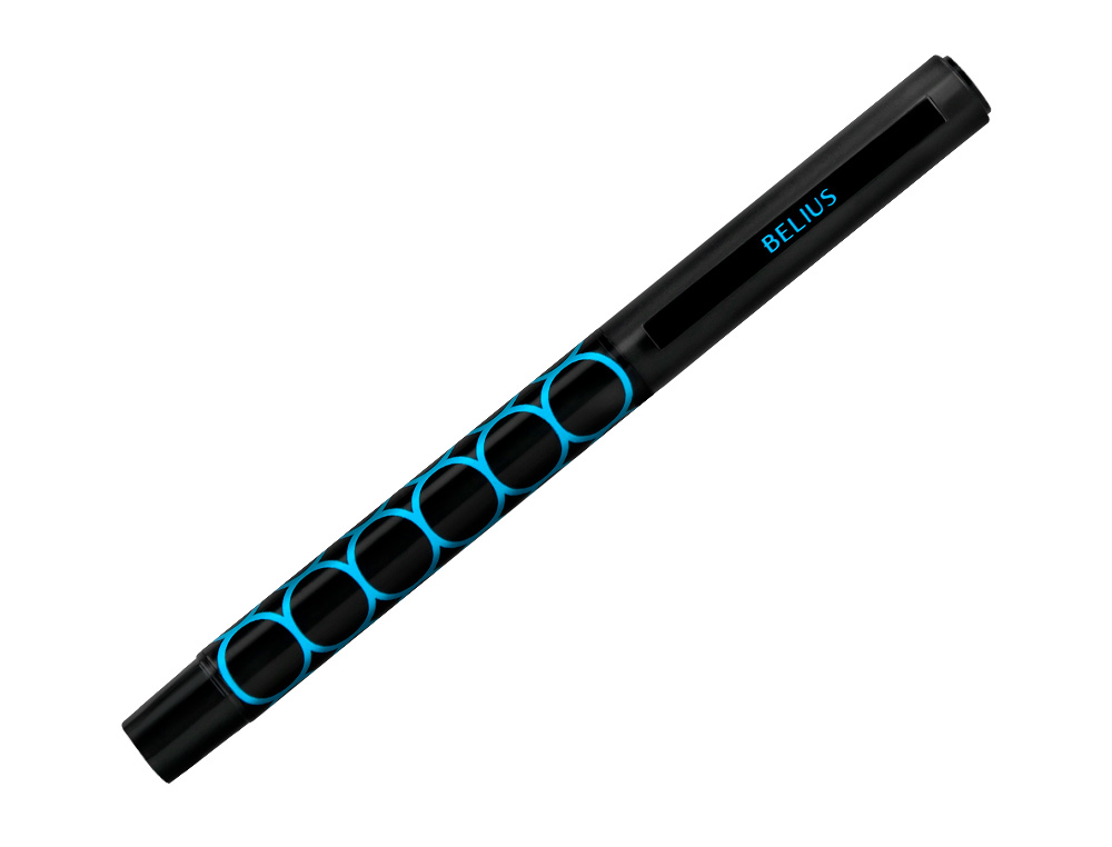 STYLO-BILLE BELIUS LEGACY ALUMINIUM ENCRE BLEUE DESIGN  CERCLES BLEUX CORPS NOIR      BOITE DESIGN
