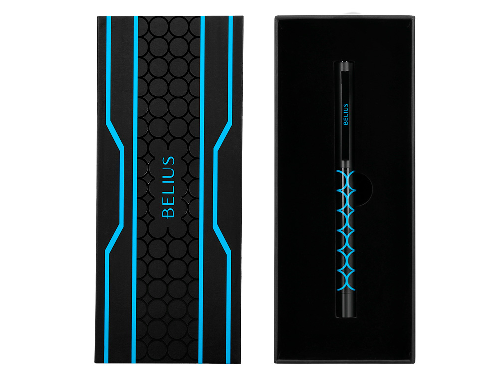 STYLO-BILLE BELIUS LEGACY ALUMINIUM ENCRE BLEUE DESIGN  CERCLES BLEUX CORPS NOIR      BOITE DESIGN